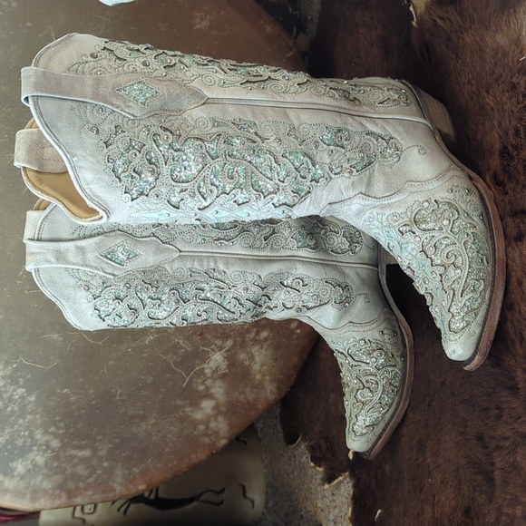 CORRAL A3321 pale green glitter inlay & crystals snip toe cowgirl boots sz 7 euc - Picture 4 of 16
